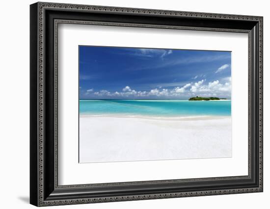 White sandy beach lagoon and island, The Maldives, Indian Ocean, Asia-Sakis Papadopoulos-Framed Photographic Print
