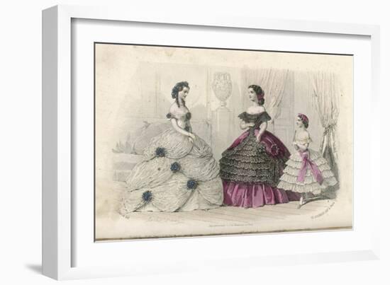 White Silk Ball Dress with 3 Skirts of Tulle Looped up with Blue Daisies-null-Framed Art Print