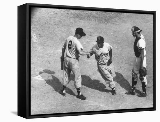 White Sox Player Nellie Fox at Home Plate, Shaking Hands with Minnie Minoso During Game-Francis Miller-Framed Premier Image Canvas