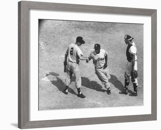 White Sox Player Nellie Fox at Home Plate, Shaking Hands with Minnie Minoso During Game-Francis Miller-Framed Premium Photographic Print