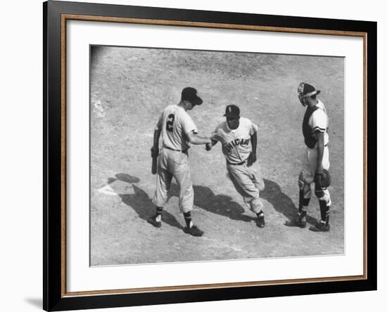 White Sox Player Nellie Fox at Home Plate, Shaking Hands with Minnie Minoso During Game-Francis Miller-Framed Premium Photographic Print