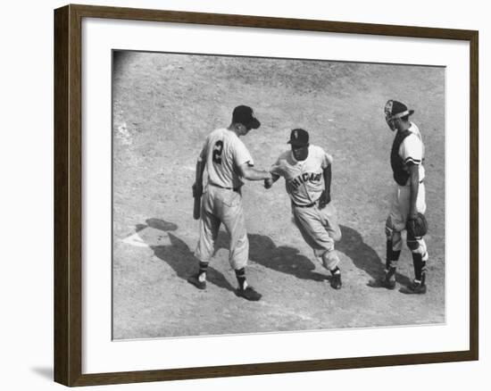 White Sox Player Nellie Fox at Home Plate, Shaking Hands with Minnie Minoso During Game-Francis Miller-Framed Premium Photographic Print