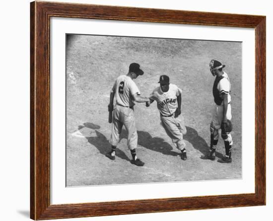 White Sox Player Nellie Fox at Home Plate, Shaking Hands with Minnie Minoso During Game-Francis Miller-Framed Premium Photographic Print