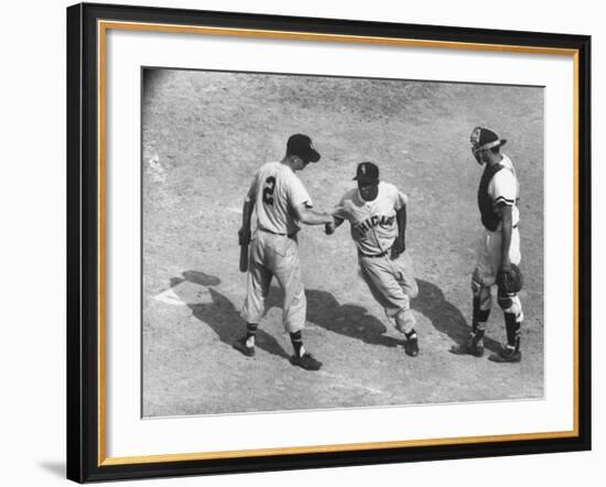 White Sox Player Nellie Fox at Home Plate, Shaking Hands with Minnie Minoso During Game-Francis Miller-Framed Premium Photographic Print
