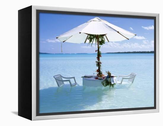 White Table, Chairs and Parasol in the Ocean, Bora Bora (Borabora), Society Islands-Mark Mawson-Framed Premier Image Canvas