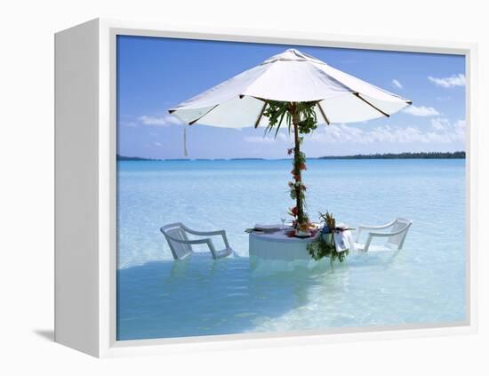 White Table, Chairs and Parasol in the Ocean, Bora Bora (Borabora), Society Islands-Mark Mawson-Framed Premier Image Canvas