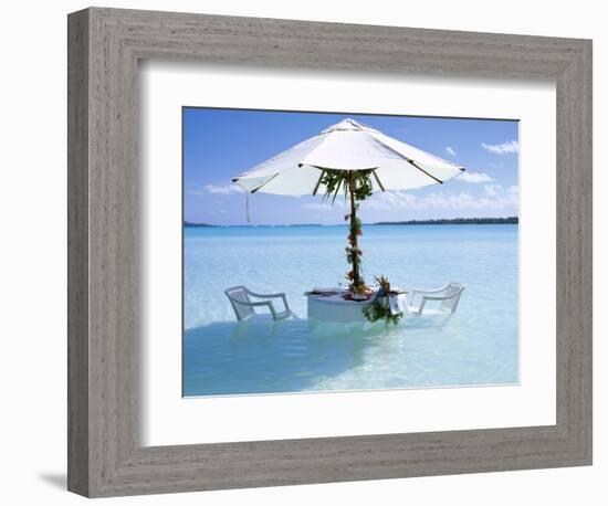 White Table, Chairs and Parasol in the Ocean, Bora Bora (Borabora), Society Islands-Mark Mawson-Framed Photographic Print