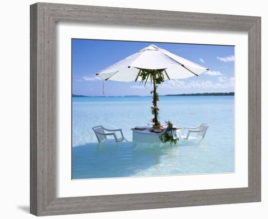 White Table, Chairs and Parasol in the Ocean, Bora Bora (Borabora), Society Islands-Mark Mawson-Framed Photographic Print