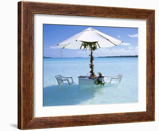 White Table, Chairs and Parasol in the Ocean, Bora Bora (Borabora), Society Islands-Mark Mawson-Framed Photographic Print