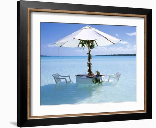 White Table, Chairs and Parasol in the Ocean, Bora Bora (Borabora), Society Islands-Mark Mawson-Framed Photographic Print