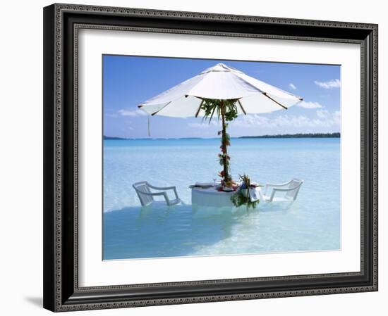 White Table, Chairs and Parasol in the Ocean, Bora Bora (Borabora), Society Islands-Mark Mawson-Framed Photographic Print