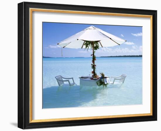 White Table, Chairs and Parasol in the Ocean, Bora Bora (Borabora), Society Islands-Mark Mawson-Framed Photographic Print