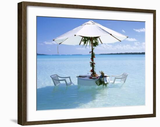 White Table, Chairs and Parasol in the Ocean, Bora Bora (Borabora), Society Islands-Mark Mawson-Framed Photographic Print