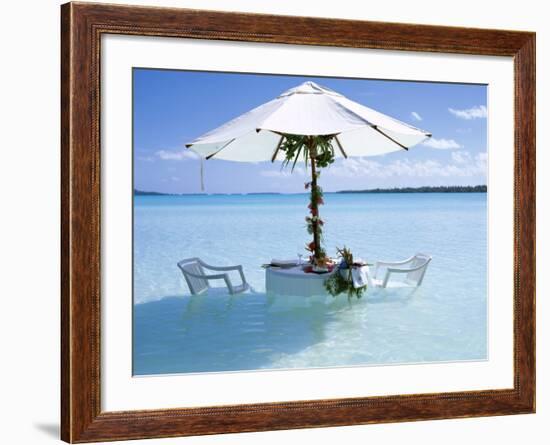 White Table, Chairs and Parasol in the Ocean, Bora Bora (Borabora), Society Islands-Mark Mawson-Framed Photographic Print