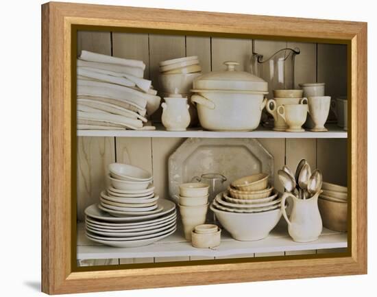 White Tableware and Table Cloths on a Kitchen Shelf-Ellen Silverman-Framed Premier Image Canvas