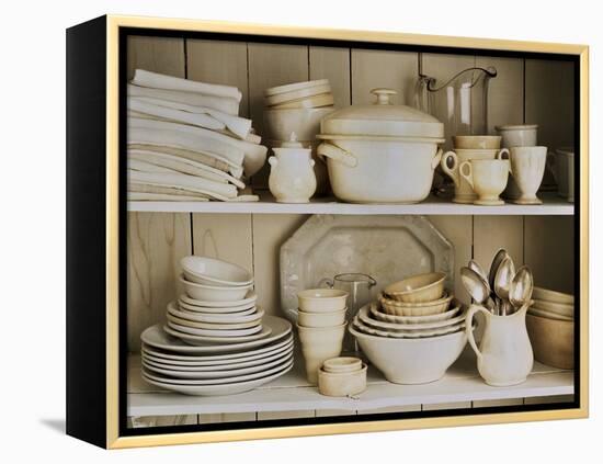 White Tableware and Table Cloths on a Kitchen Shelf-Ellen Silverman-Framed Premier Image Canvas