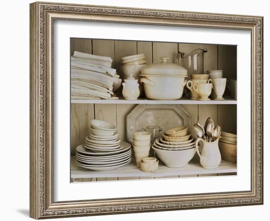 White Tableware and Table Cloths on a Kitchen Shelf-Ellen Silverman-Framed Photographic Print