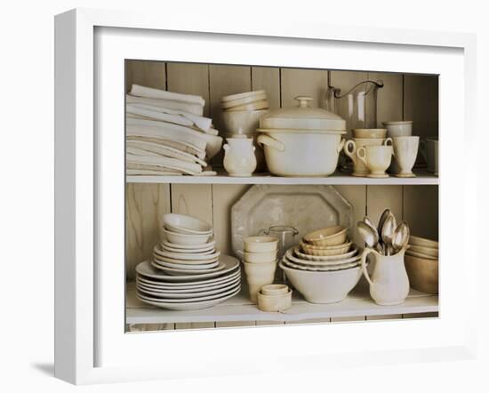 White Tableware and Table Cloths on a Kitchen Shelf-Ellen Silverman-Framed Photographic Print