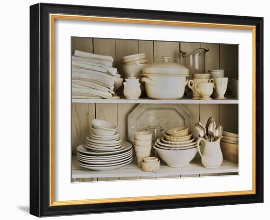 White Tableware and Table Cloths on a Kitchen Shelf-Ellen Silverman-Framed Photographic Print