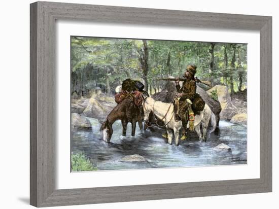 White Trapper Crossing a Mountain Stream-null-Framed Giclee Print