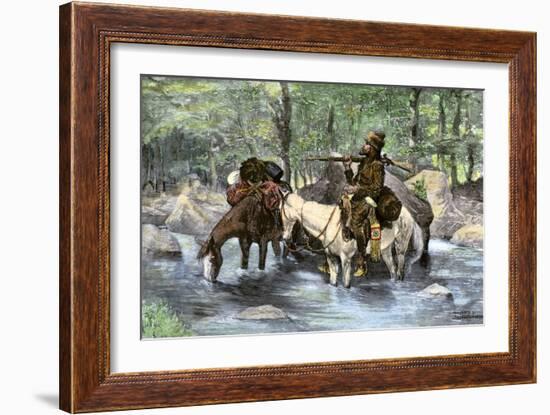 White Trapper Crossing a Mountain Stream-null-Framed Giclee Print