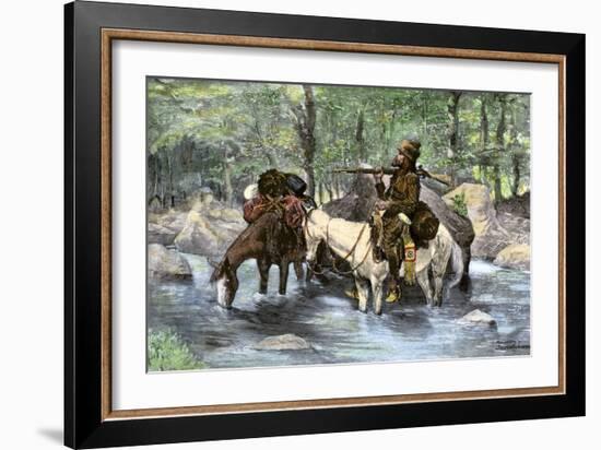 White Trapper Crossing a Mountain Stream-null-Framed Giclee Print