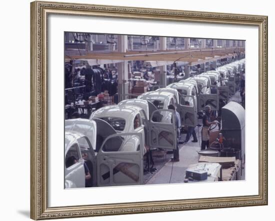 White Volkswagens Coming Down Assembly Line in Brazilian Factory-Paul Schutzer-Framed Photographic Print