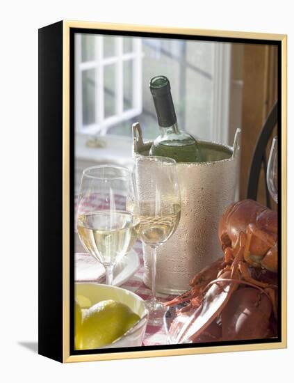 White Wine Bottle in Ice Bucket, Wine Glasses, Lobster, Lemon-null-Framed Premier Image Canvas