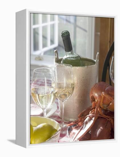 White Wine Bottle in Ice Bucket, Wine Glasses, Lobster, Lemon-null-Framed Premier Image Canvas