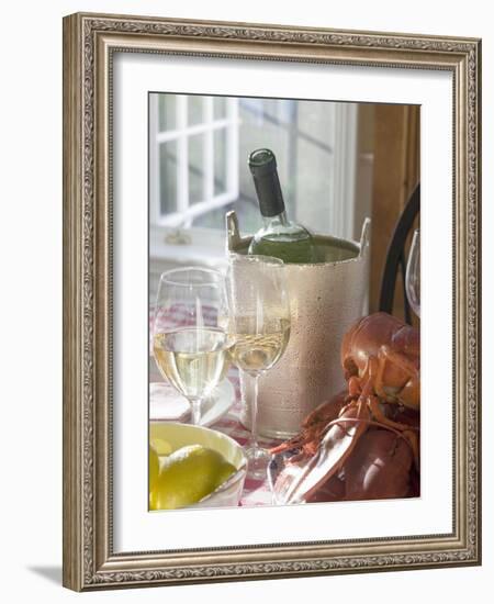 White Wine Bottle in Ice Bucket, Wine Glasses, Lobster, Lemon-null-Framed Photographic Print