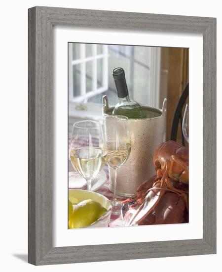 White Wine Bottle in Ice Bucket, Wine Glasses, Lobster, Lemon-null-Framed Photographic Print