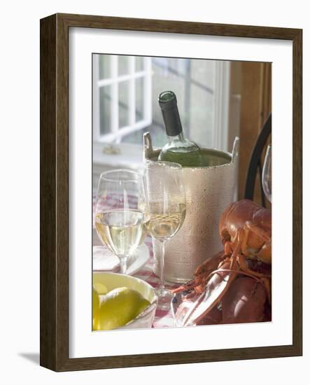 White Wine Bottle in Ice Bucket, Wine Glasses, Lobster, Lemon-null-Framed Photographic Print