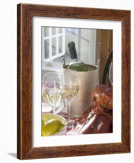 White Wine Bottle in Ice Bucket, Wine Glasses, Lobster, Lemon-null-Framed Photographic Print