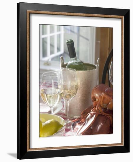 White Wine Bottle in Ice Bucket, Wine Glasses, Lobster, Lemon-null-Framed Photographic Print