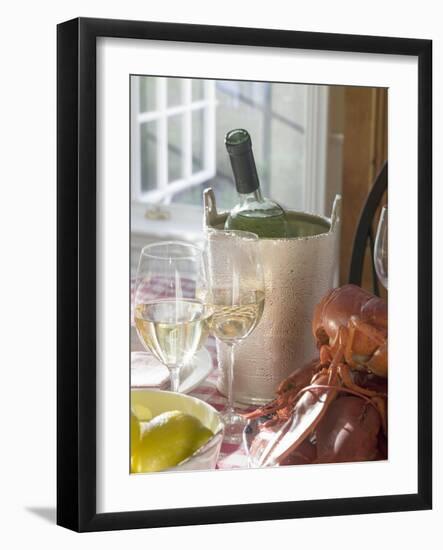 White Wine Bottle in Ice Bucket, Wine Glasses, Lobster, Lemon--Framed Photographic Print