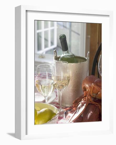 White Wine Bottle in Ice Bucket, Wine Glasses, Lobster, Lemon-null-Framed Photographic Print