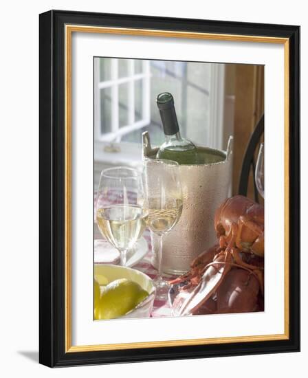 White Wine Bottle in Ice Bucket, Wine Glasses, Lobster, Lemon-null-Framed Photographic Print