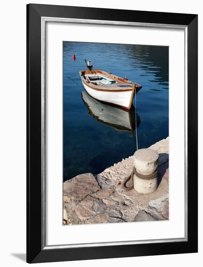 White Wooden Fishing Boat Floats Moored in Perast Town, Montenegro-Eugene Sergeev-Framed Photographic Print