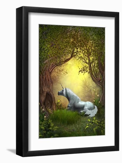 White Woodland Unicorn-null-Framed Art Print