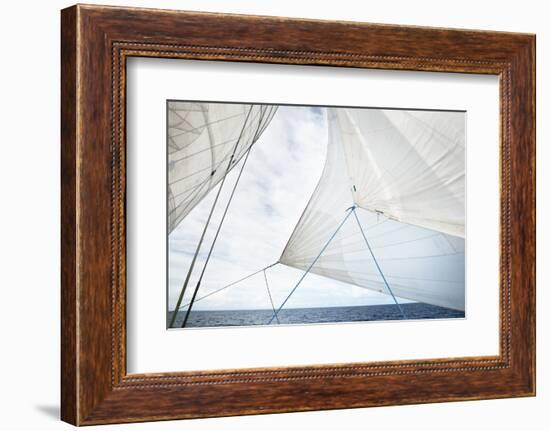 White Yacht Sails against Clear Blue Sky with Lots of Clouds. Sailing in an Open Mediterranean Sea.-alekseystemmer-Framed Photographic Print