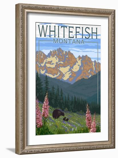 Whitefish, Montana - Bear and Spring Flowers-Lantern Press-Framed Art Print