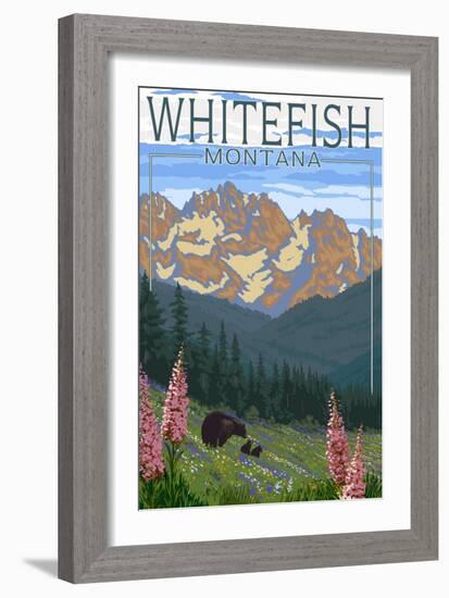 Whitefish, Montana - Bear and Spring Flowers-Lantern Press-Framed Art Print