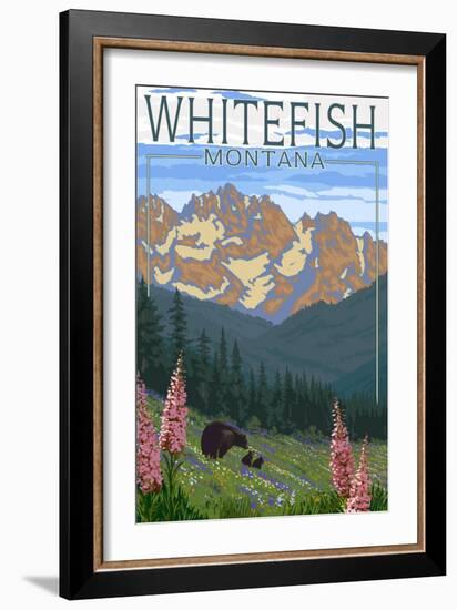 Whitefish, Montana - Bear and Spring Flowers-Lantern Press-Framed Art Print