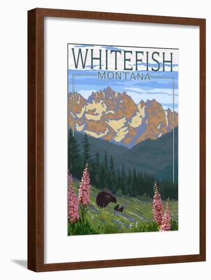 Whitefish, Montana - Bear and Spring Flowers-Lantern Press-Framed Art Print