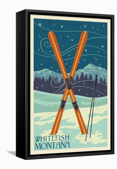 Whitefish, Montana - Crossed Skis-Lantern Press-Framed Stretched Canvas