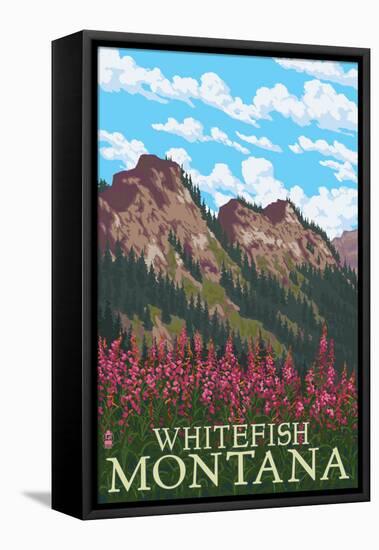 Whitefish, Montana - Fireweed and Mountains-Lantern Press-Framed Stretched Canvas