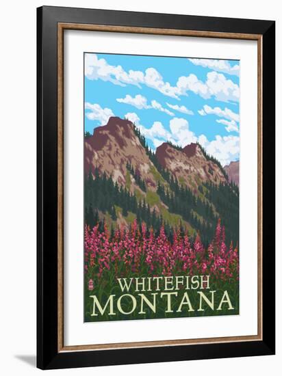 Whitefish, Montana - Fireweed and Mountains-Lantern Press-Framed Art Print