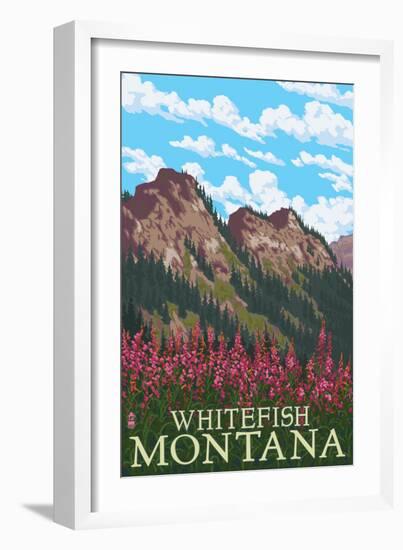 Whitefish, Montana - Fireweed and Mountains-Lantern Press-Framed Art Print