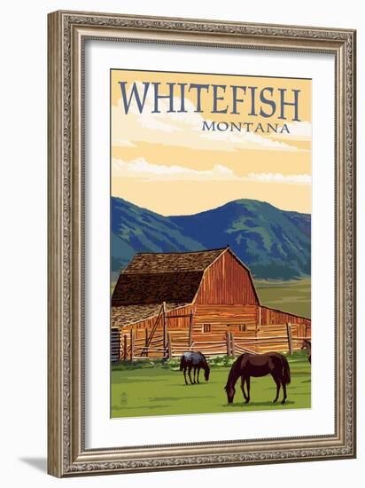 Whitefish, Montana - Red Barn and Horses-Lantern Press-Framed Art Print