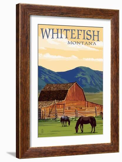 Whitefish, Montana - Red Barn and Horses-Lantern Press-Framed Art Print